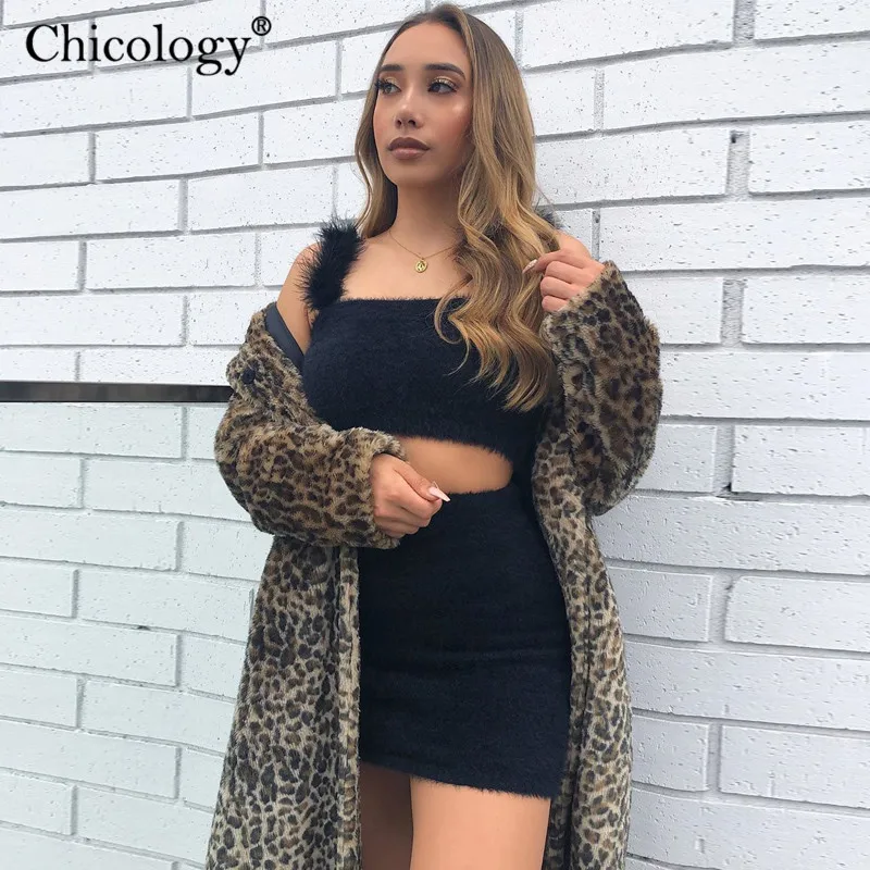 Chicology velvet fur 2 two piece matching set wide strap crop top high waist mini skirt women autumn winter party clothes