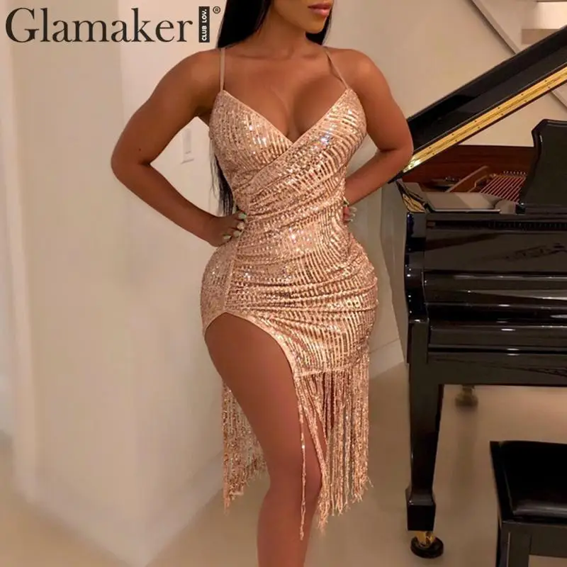 Glamaker, сексуальное блестящее платье с v-образным вырезом и блестками, облегающее элегантное вечернее платье с бахромой, Осенние вечерние Клубные платья с открытой спиной