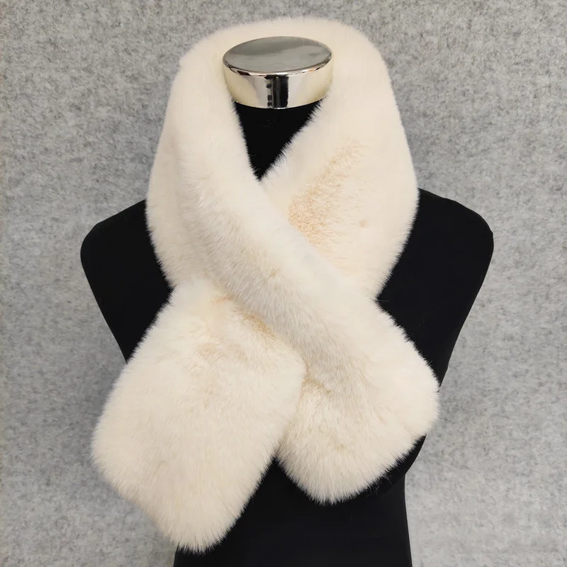 Women Winter Warm Thicken Scarfs Solid Color Faux Rabbit Fur Plush Cross Collar Scarf Shawl Elegant Warm Soft Comfortable Scarf