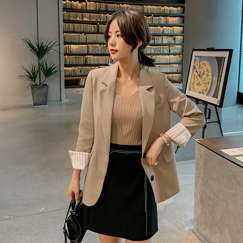 

Retro women's mid-length jacket feminine small suit 2020 new casual solid color loose ladies blazer elegant Female Coat