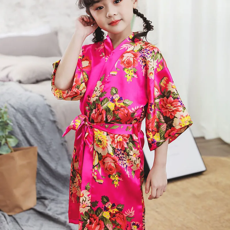 High Quality Kids Girls Print Bathrobe Thin Breathable Satin Smooth Night-robe with Belt for Summer - Цвет: rose red