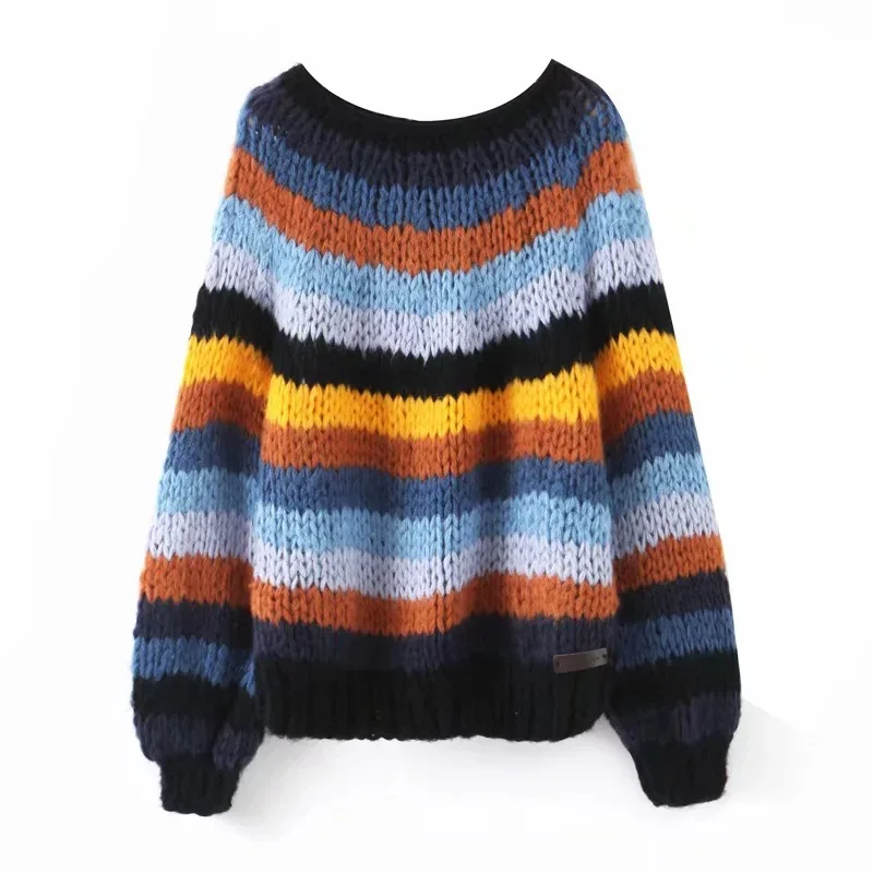 TEELYNN boho зимний свитер пуловер с круглым вырезом в радужную полоску мохеровый свитер с длинным рукавом женский свитер Цыганский женский теплый свитер