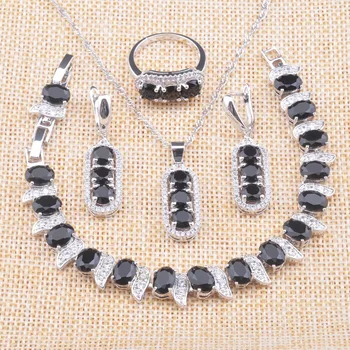 

2020 New Black Crystal Silver Color Wedding Jewelry Sets For Women Drop Earrings Rings Bracelet Necklace Christmas Gifts YZ0703