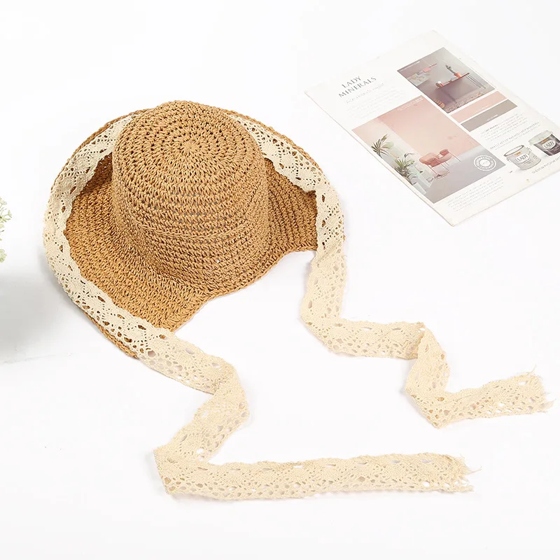 Женская корейская модная Складная Рыбацкая шляпа с свежей кружевной соломенной шляпой, летняя Солнцезащитная шляпа для пляжного отдыха