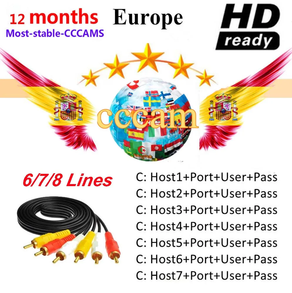 Европейский HD кабель 1 год CCCams для спутникового ТВ ресивера 7Clines wifi FULL HD DVB-S2 поддержка Испания cline ccam Serverl 4k tv box