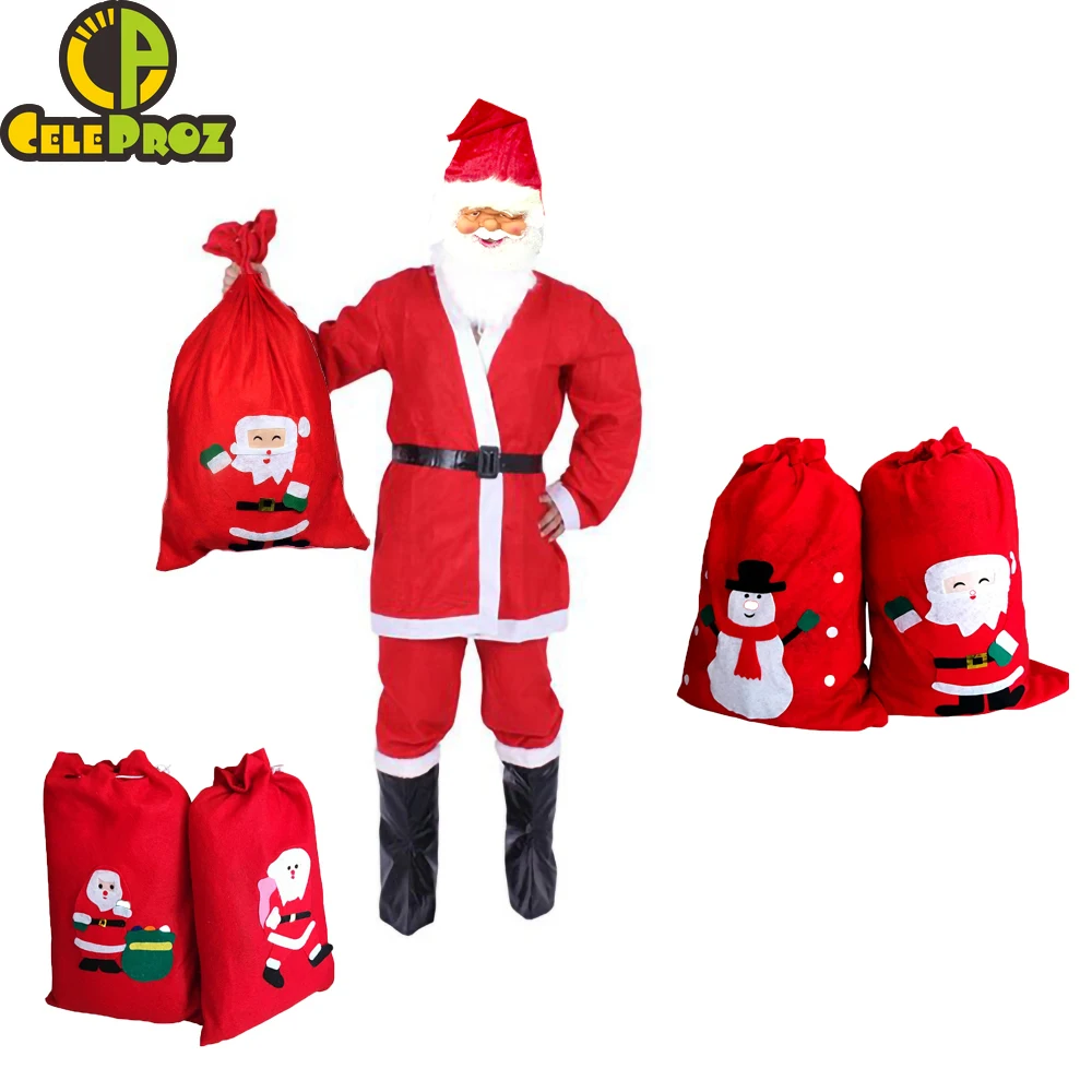 

Adult Santa Costume Suit Santa Hat White Beard Hat Overlay Gift Bags Christmas Eve Parent Santa Claus Outfit Festival Supplies