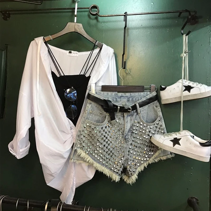 Женские джинсовые шорты с высокой талией свободные широкими штанинами модный