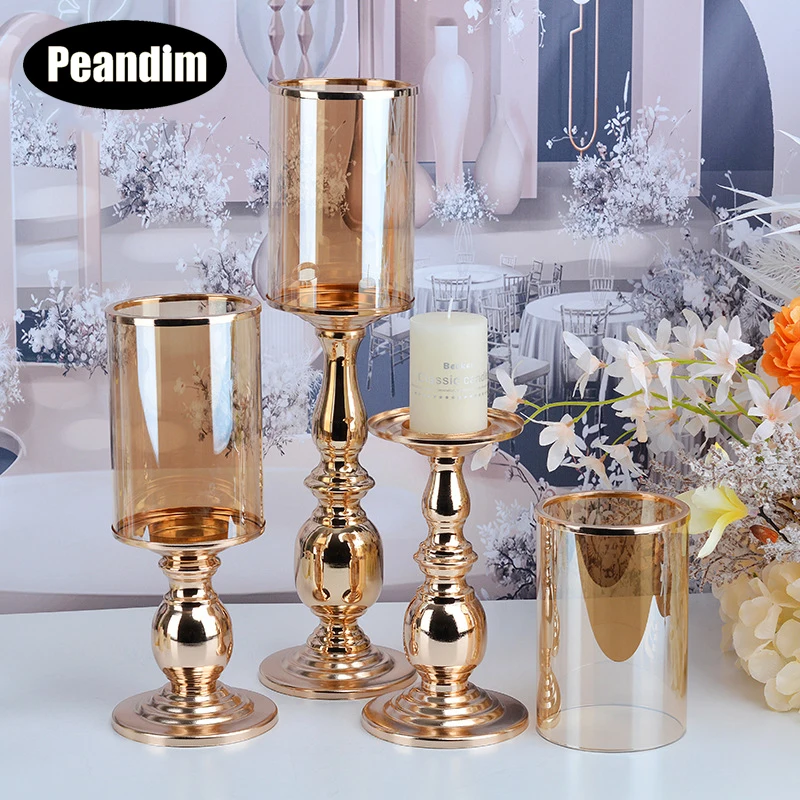 

PEANDIM Luxury Metal Glass Candlesticks Gold Candle Holders Wedding Centerpieces Table Decoration Candelabra Home Ornaments