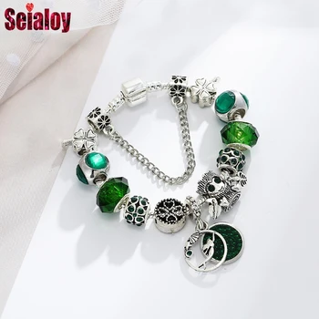 

SEIALOY Green Charm Bracelets For Women Original Lucky Crystal Beaded Tree wing Charm Kids Bracelets Bangle Gifts
