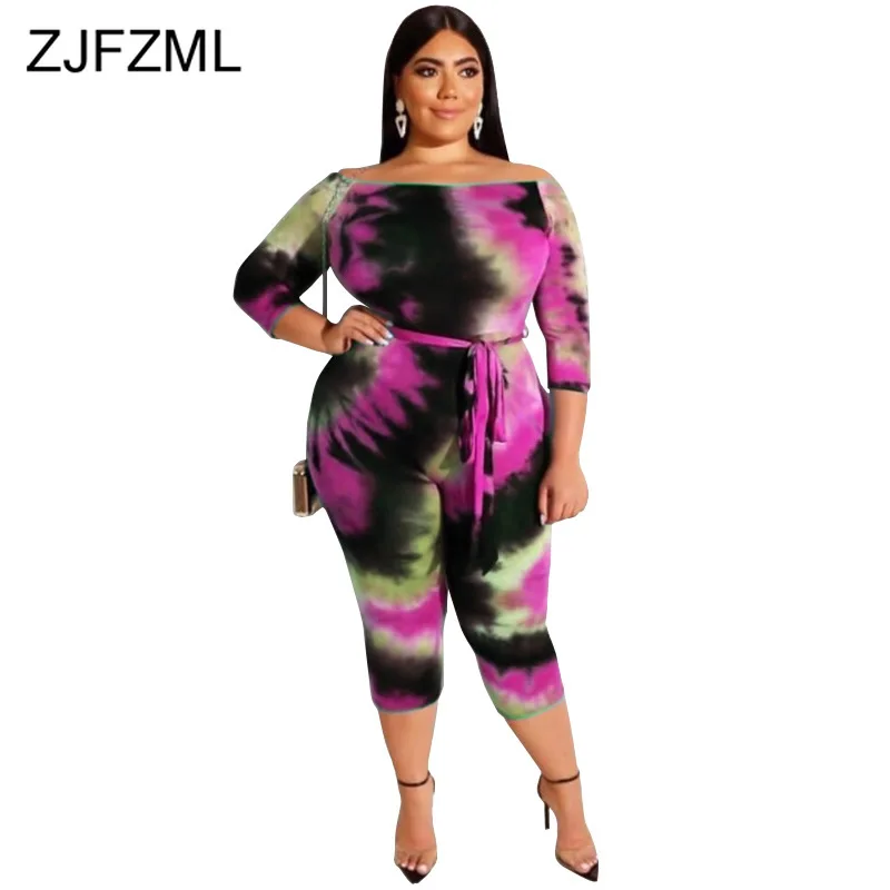 Tie Dye Plus Size Jumpsuits for Women 2021 Slash Neck Open Back Belt Bodycon Playsuits Autumn Causal One Piece Bandage Overall | Женская