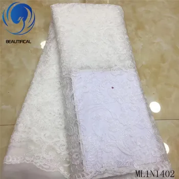 

Beautifical nigerian bridal lace fabrics white tulle lace fabric Latest style african lace embroidery beads for women ML1N1402