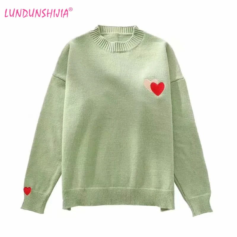 

LUNDUNSHIJIA 2019 New Arrival Spring Autumn Women's Sweater Sweet Cute Peach Hearts Printed Fashion Female Sweater 3 Colors