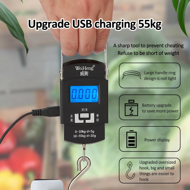 55 кг/10 г USB Зарядка цифровые весы кухонные с крюком подвесные Крючки для рыбалки