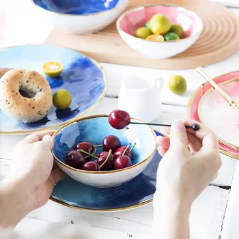 

New Pink Blue Starry sky Ceramic Dinnerware Dinner Plate Fruit Salad Soup Bowl Porcelain Plate Wedding Decoration Tableware