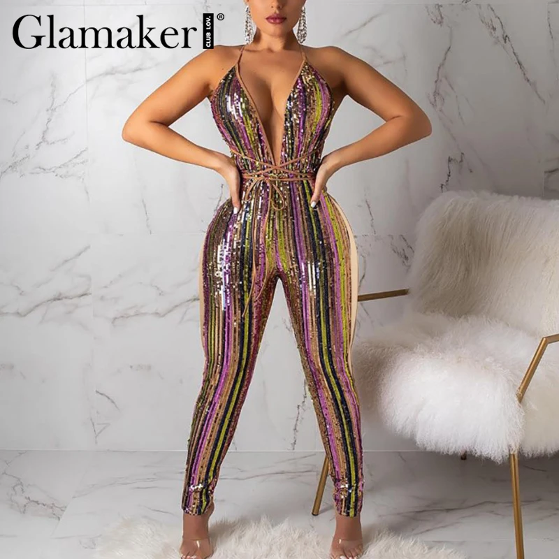 Glamaker розовый сексуальный комбинезон с блестками женский без рукавов вечерние