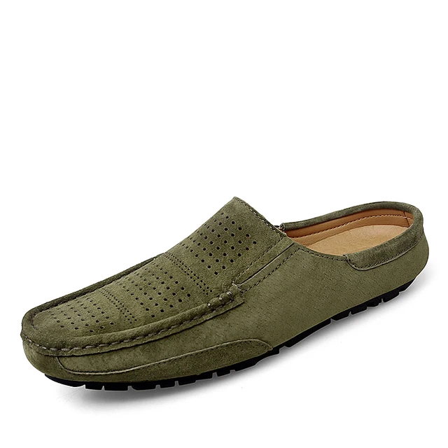 Man Summer Fashion Pig Skin Casual Half Shoe Male Breathable Soft Backless Half Loafers Hombre Open Back Leather Comfy Mocassins Green with holes