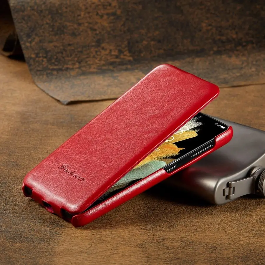 Premium Genuine Leather Vertical Flip Cover Case with Complimentary Screen Protector