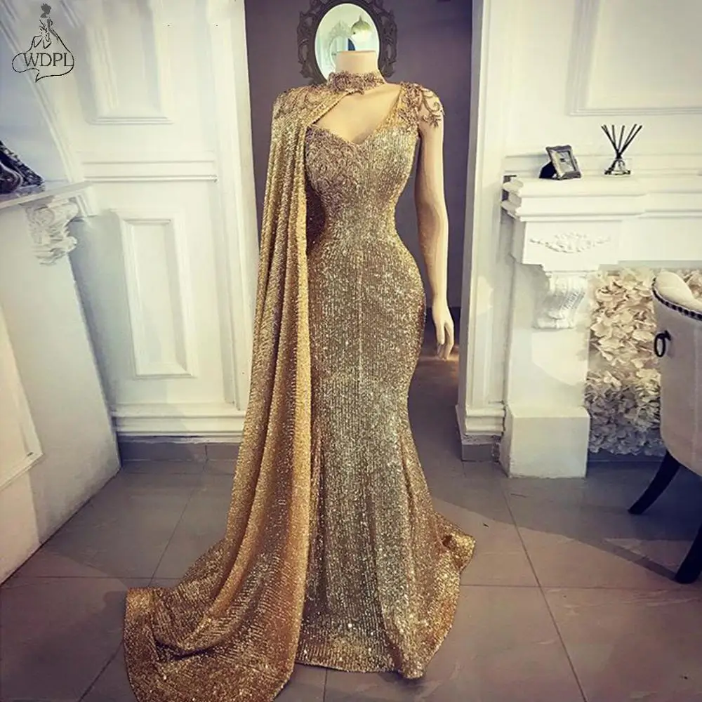 Glitter Gold Sequin Mermaid Evening Dresses 2020 Long Kaftans Arabic vestidos de fiesta Sparkly Formal Prom Dress with Cape evening maxi dresses Evening Dresses