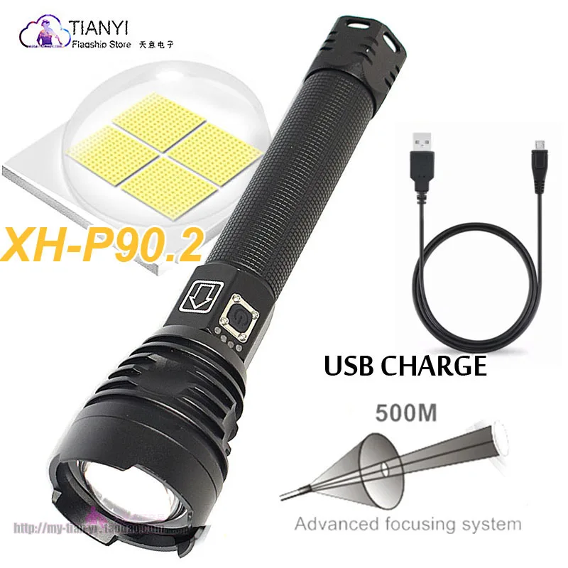 

High-power USB charging glare searchlight glare spotlight P90 flashlight zoom power display outdoor light hig LED flashlight