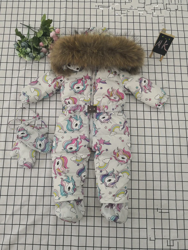Детские комбинезоны с фламинго для русской зимы-30 градусов; теплая одежда с капюшоном для маленьких девочек; ветрозащитный зимний комбинезон; Пуховый комбинезон