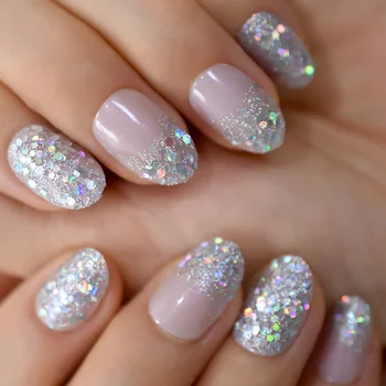 

Holographic Silver Glitter Press On Nails Short Style Daily Wear Nude Pink Lady False Nails Oval Shape Nail Art Tips