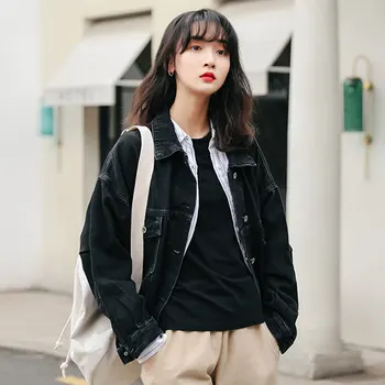 

Black Denim Jacket Female Turn-down Collar Loose Korean Student Wild Short Denim Jackets Coats Tide Blue Long Sleeve Casual