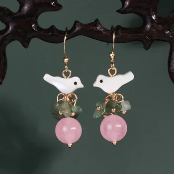 

FARLENA JEWELRY Unique Design Natural Shell Bird Drop Earrings with Semi-precious Stone Vintage Pink Crystal Earrings women