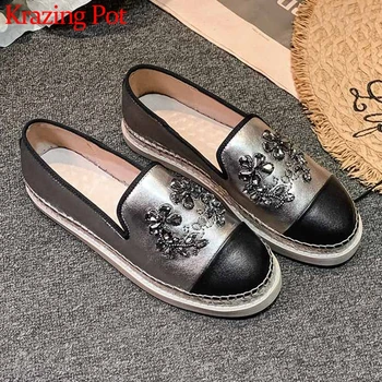 

Krazing pot shiny crystal genuine leather mixed colors slip on loafers shoes round toe med heels fashion beauty lady pumps L7f7