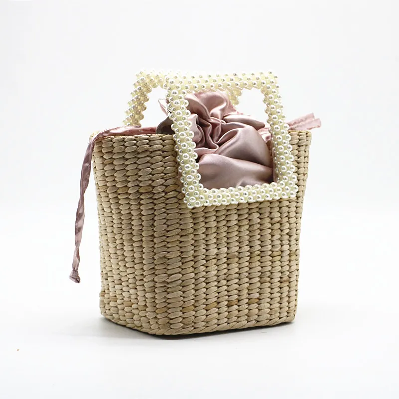 Summer Pearl Hand-woven Straw Bag Bohemian Travel Turf Grass Woven Bag Portable Diagonal Dual-use Bag Bow Decoration Female Bag