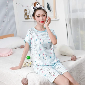 

Women Pajamas Two-Piece Cartoon Print Milk Silk Ladies Short-Sleeved Shirt + Shorts Home Clothes