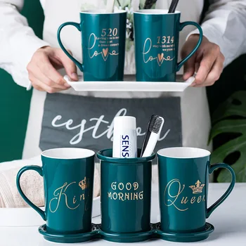 

Nordic Light Luxury Mouth Cup Set Modern Simple Ceramic Dark Green Couple Brushing Cup Pair Household Toiletries, Bathroom Set