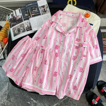 

Women Pajamas Cotton Korean Style Sleepwear Harajuku Cute Stripes Rabbit Hearts Mouse Dogs Printed Pyjamas Shirts And Pants Sets
