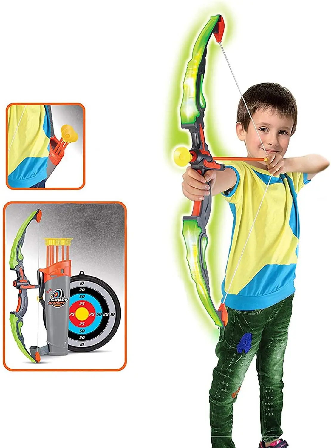 Green Children Bow and Arrow Set Light Up for Kids Toys Set Target for Shooting Back Quiver Beginner Children Toy 1 Set 