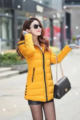 yellow Модное хлопковое пальто с капюшоном, женские яркие зимние длинные куртки с хлопковой подкладкой, теплые и тонкие женские пальто больших размеров - Цвет: yellow