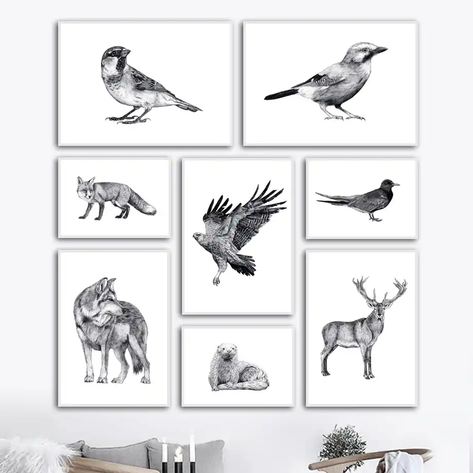 Black White Eagle Crow Bird Fox Deer Wolf Wall Art Canvas Painting Nordic Posters And Prints Wall Pictures For Living Room Decor Painting Calligraphy Aliexpress