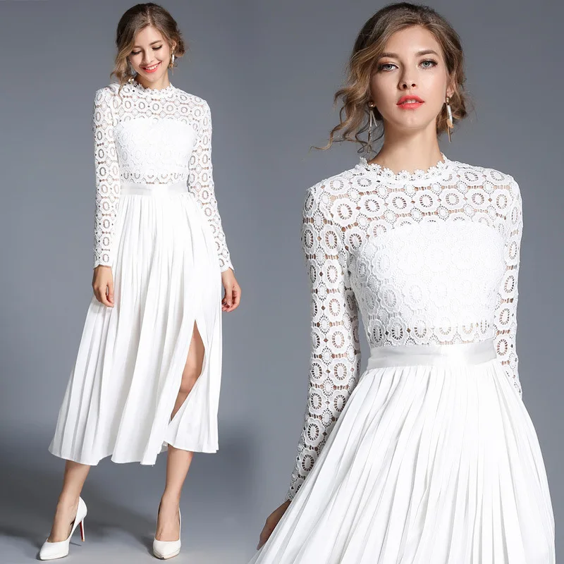 

1008 Spring And Summer New Style Slim Fit Pleated Crochet Hollow out Water Soluble Lace Splicing Dress Long Skirts Women's