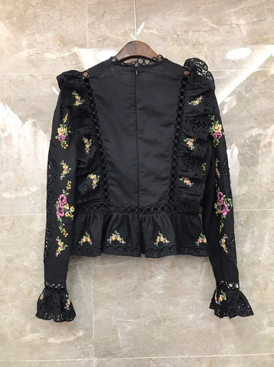 new women's autumn and winter wild openwork embroidery flounced blouse 924