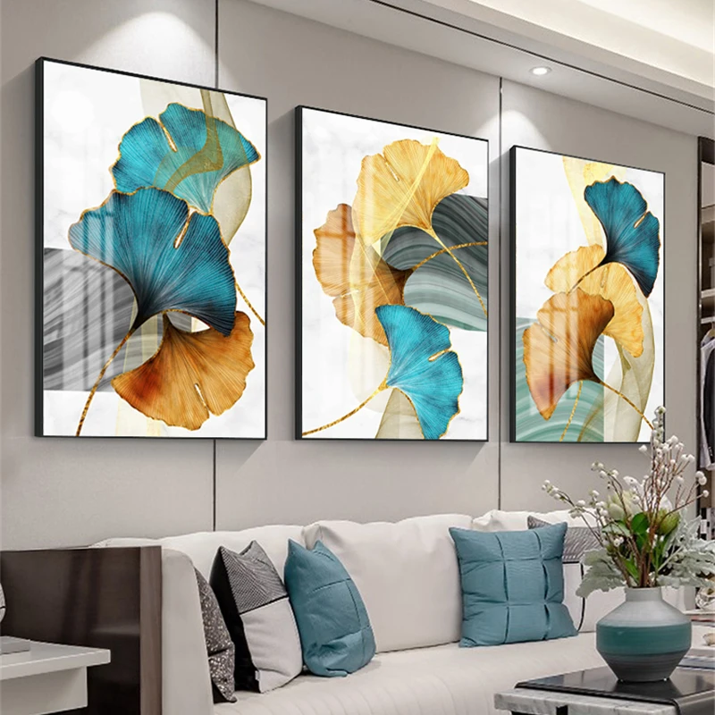 Blue Green Yellow Gold Plant Leaf Abstract Nordic Canvas Print Wall Art Painting Modern Picture Living Room Decoration | Дом и сад