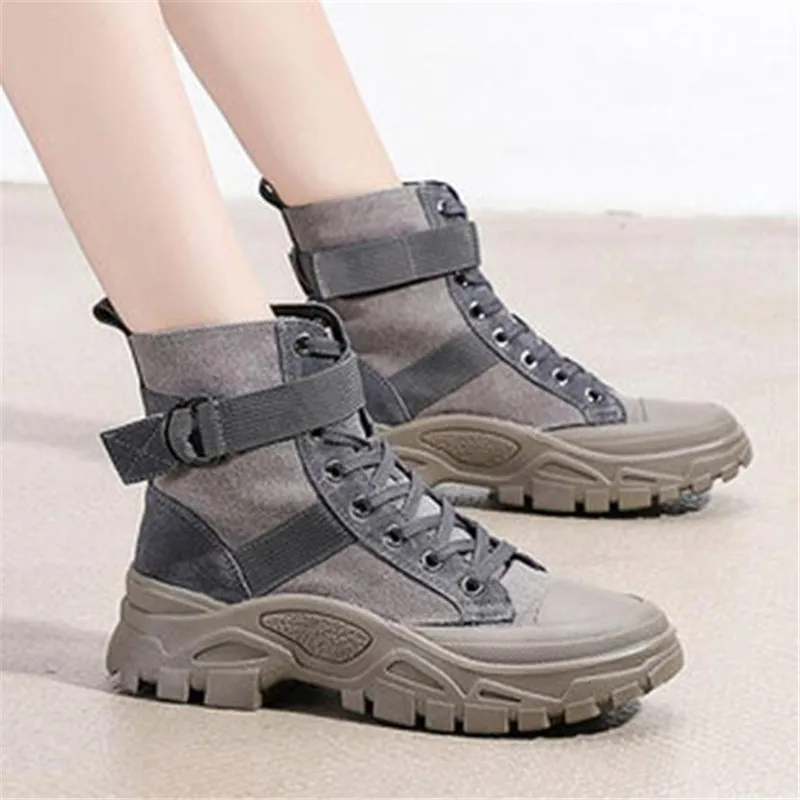 New Spring Autumn Canvas Buckle Women Ankle Boots Punk Style Platform Lace-Up Booties Breathable Non-slip Flat Work Shoes | Обувь