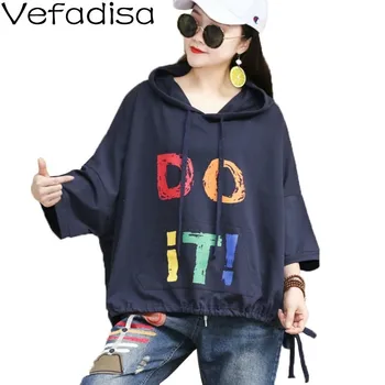 

Vefadisa Oversize Women T-shirt 2020 Spring Three Quarter Sleeve Letter Print Hooded T-shirt Women Casual Pullover Top QYF2128
