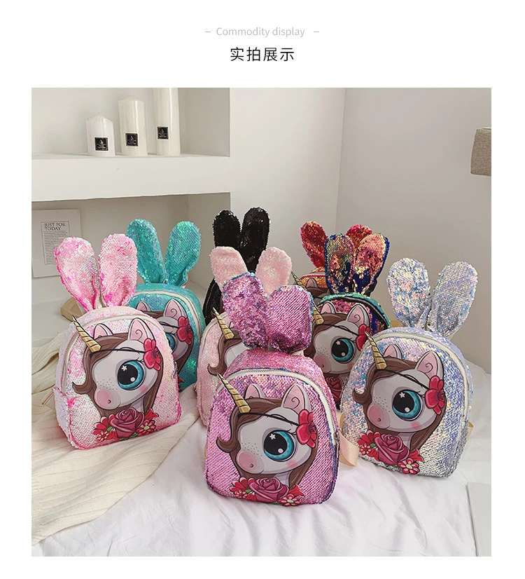 2019 yeni moda pullu okul cantasi kore versiyonu sevimli tavsan kulak pony unicorn cocuk sirt cantasi