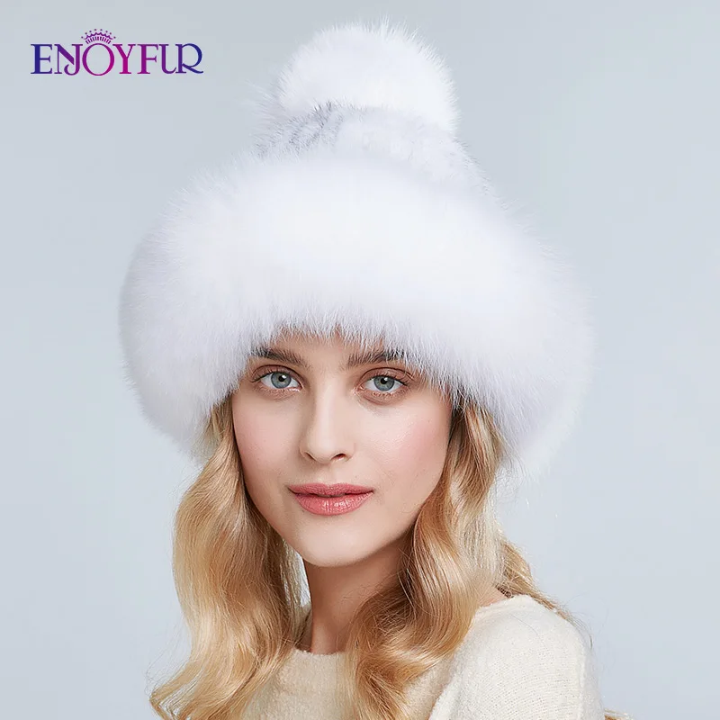 Cena ENJOYFUR naturalne futro z norek czapki dla kobiet zima grube ciepłe futra lisa czapki z pomponem moda rosyjski styl czapki