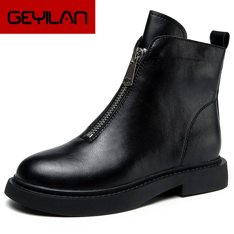 

Solid Black Leather Boots Female Before Zipper Ankle Boots for Women Shoes Woman Fashion Ladies Autumn Winter Boots Plus Size
