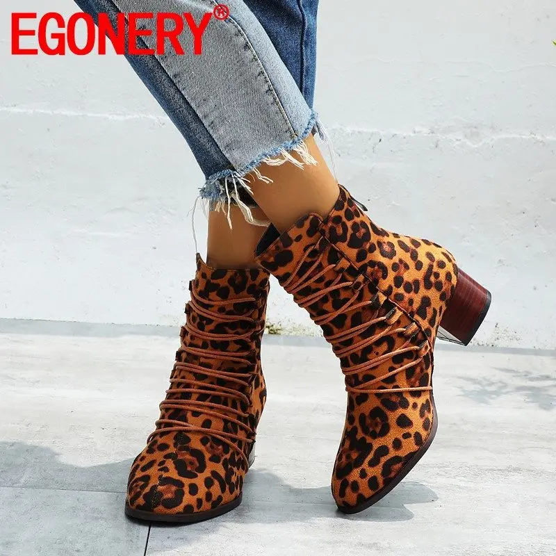 

EGONERY sexy ankle boots leopard pattern flock round toe booties winter plush zipper fahion 4cm mid heels women's shoes