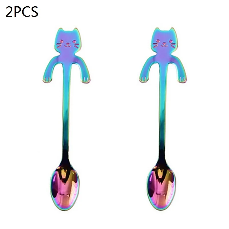2pcs colorful Милая маленькая мини-ложка для размешивания кофе из нержавеющей стали с котом Китти, кофейная ложка, красочное десертное мороженое, чайная ложка - Цвет: 2pcs colorful
