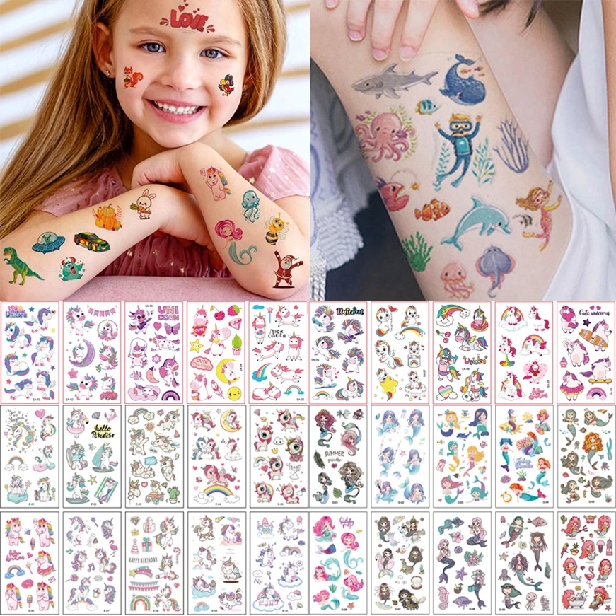

10Sheets Children Cute Cartoon Unicorn Temporary Tattoo Stickers Baby Shower Kids Body Makeup Sticker Tattoos Mermaid Party