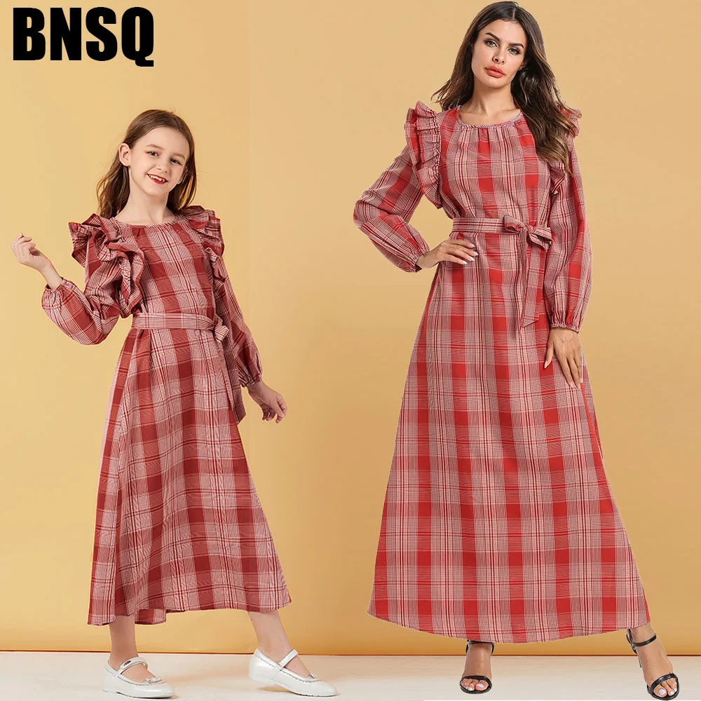 

Plaid Casual Parent-child Dress Child Outfit Big Virgin Girls Red Plaid Lace -up Ruffle Dress Muslim Casual Maxi Dress