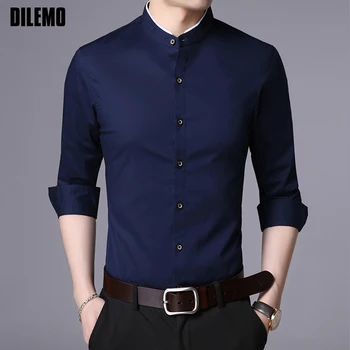 

2020 Fashion Brand Shirt Men Long Sleeve Regular Fit Streetwear Mandarin Collar Black Korean Dress Shirt Casual Men Clothes