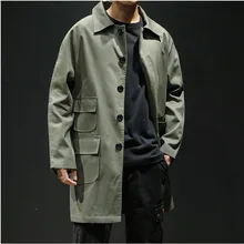 Новая Осенняя мужская куртка, Мужская куртка с карманом, свободное однотонное пальто, длинная хлопковая куртка, черное пальто, зеленое армейское пальто