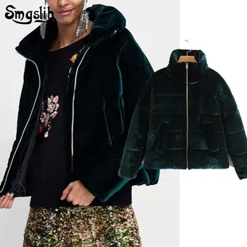 

Women Vintage Green Velvet Turtleneck Cotton Jacket Winter Coat Tops Long sleeve Parkas Casual Coats Female Outerwear N590